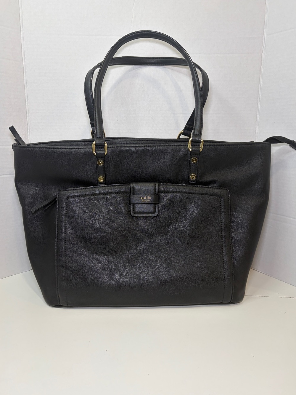 Tutilo New York top handle black leather laptop tote bag with Front Pocket